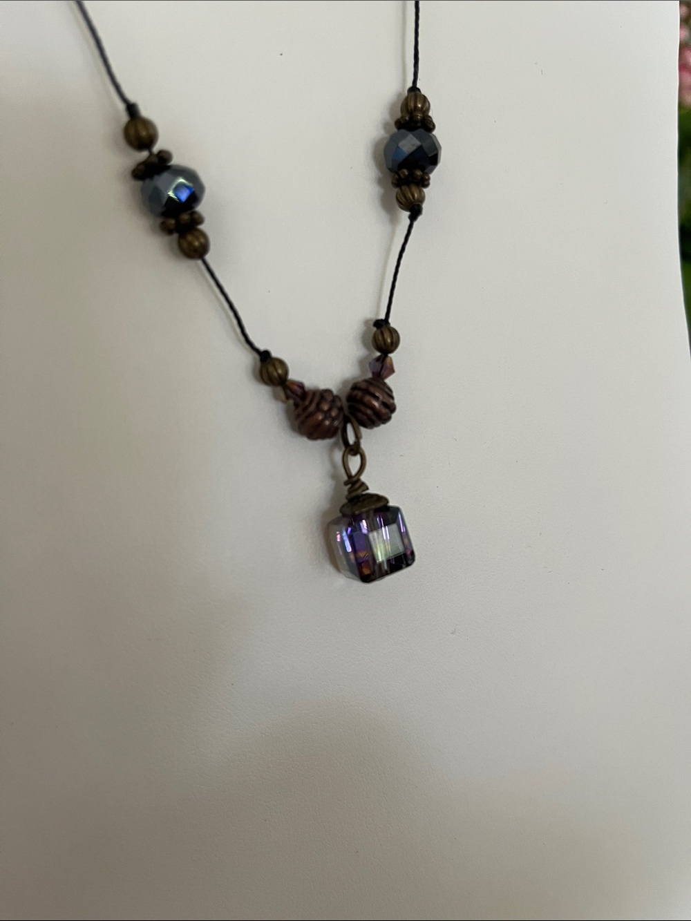 Crystal Beaded Pendant Necklace - Purple and Black & antique beads. Custom made
